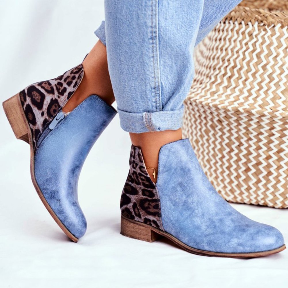 Blue Vintage Low Heels Women PU Leather boot
